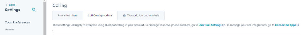 hubspot calling settings configuration screenshot