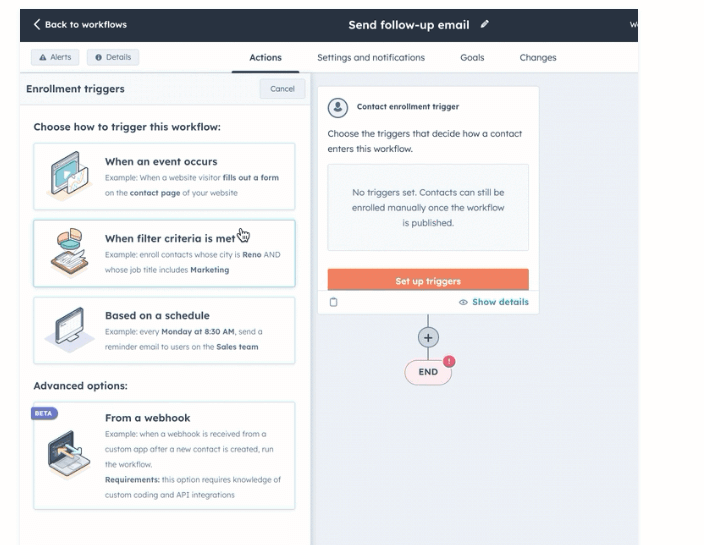 hubspot enrollment triggers screenshot