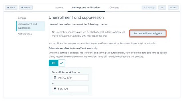 hubspot unenrollment triggers button screenshot
