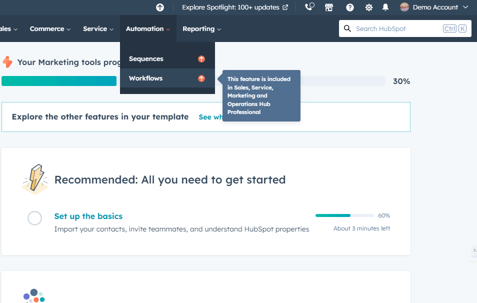 hubspot workflows menu item button screenshot
