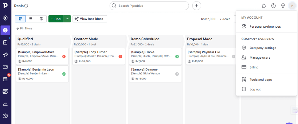 pipedrive billing menu item